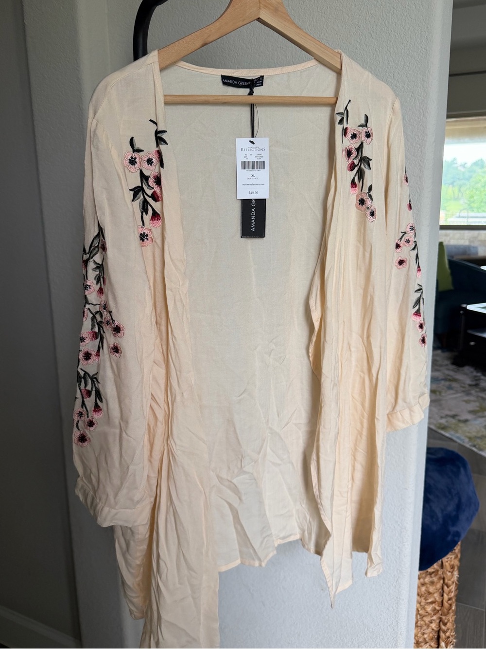 Amanda Green  Cream Floral-Embroidered Open Tunic XL